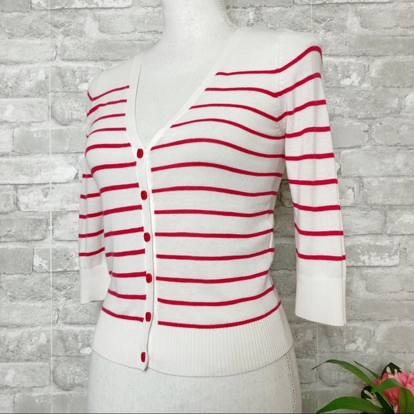 CACHE CACHE White & Red Striped Button Down Quarter Sleeve Cardigan Sweater Sm - Picture 2 of 13